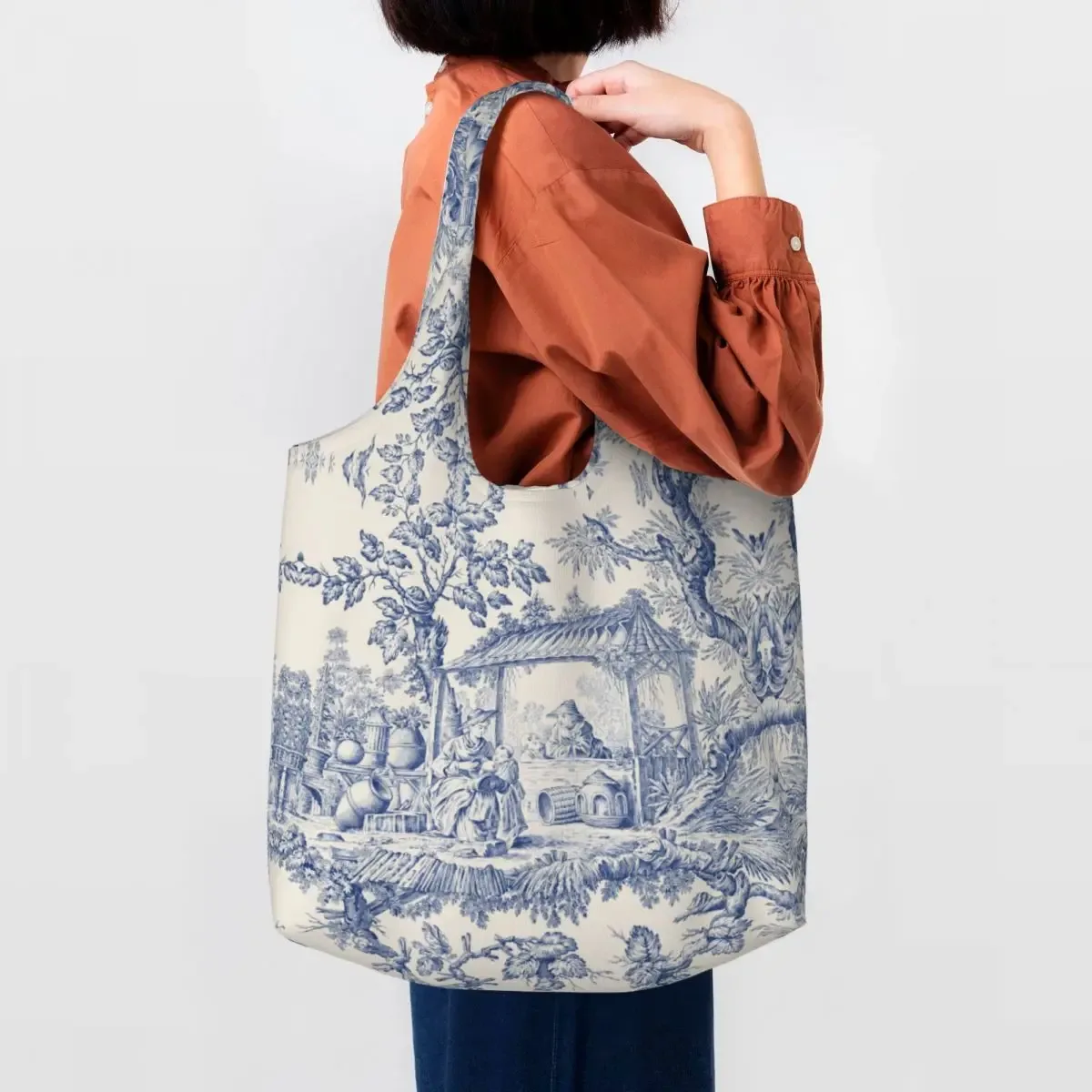 toile de jouy française classique vintage personnalisée, fourre-tout à motif bleu marine, fourre-tout de shopping en toile réutilisable, sac à bandoulière