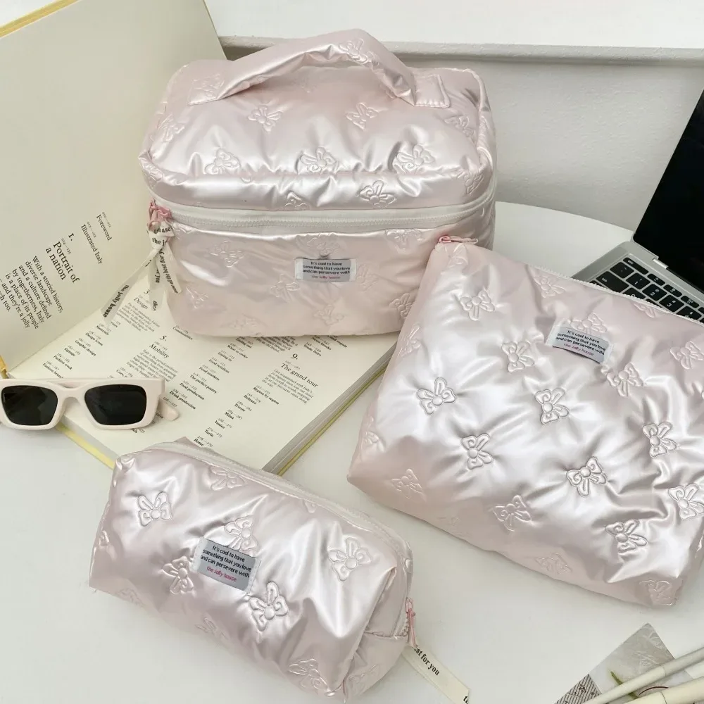 sac de rangement en pu pour cosmétiques, trousse de toilette multifonction avec compartiments et nœud décoratif, sac à maquillage zippé pour l'organisation quotidienne