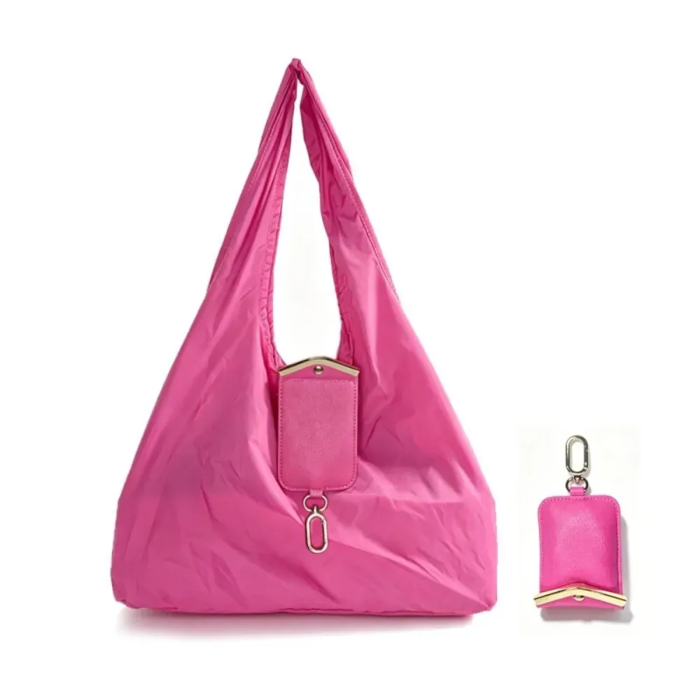 sac fourre-tout pliable 2-en-1 couleur unie avec porte-clés, mini sac de courses peu encombrant, garniture métallique, résistant aux déchirures, pochette porte-breloques