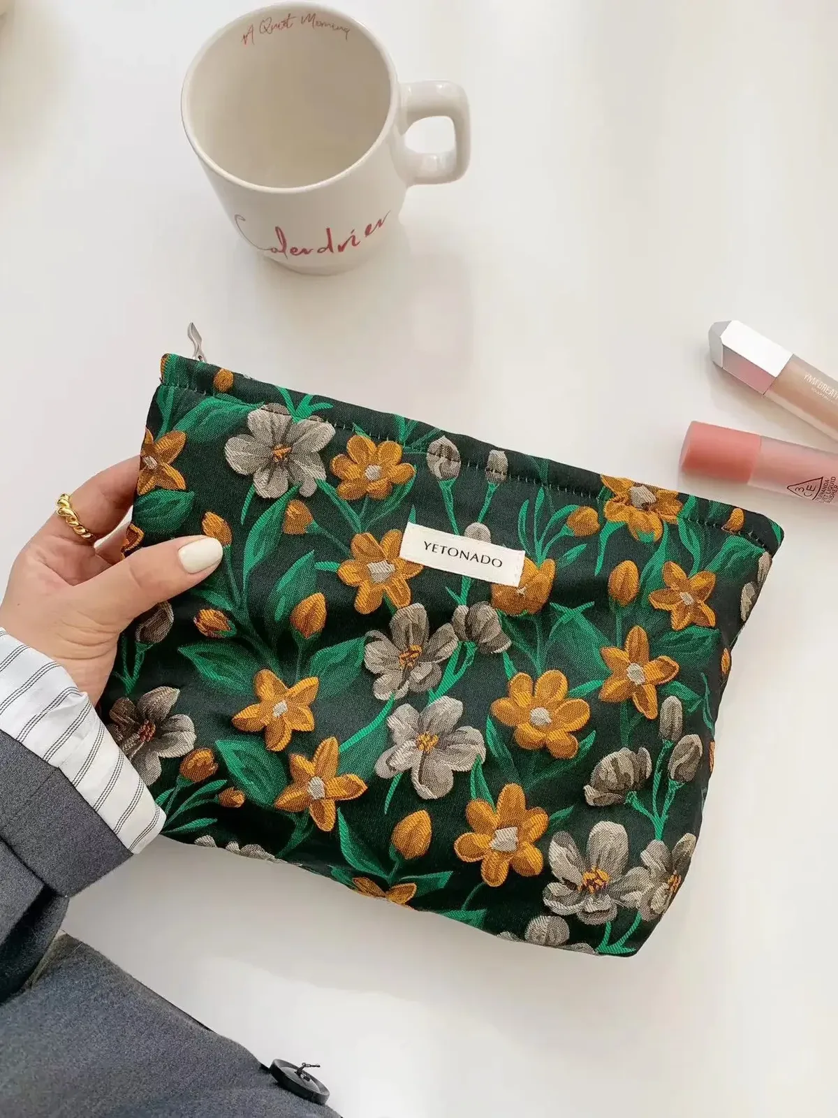 ins style vintage fleurs sac cosmétique portable main sac cosmétique voyage trousse de toilette sac de rangement outils de maquillage pochette de rangement