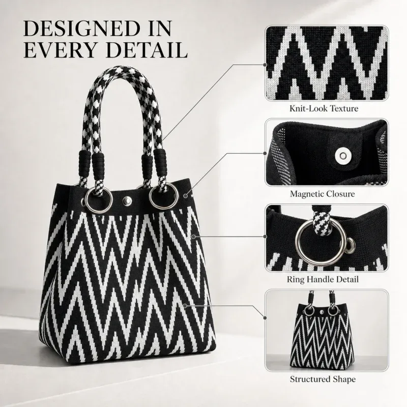 mini sac fourre-tout géométrique pour femme, noir et ivoire, sac à main graphique avec poignée anneau, sac compact pour tenues de style coréen