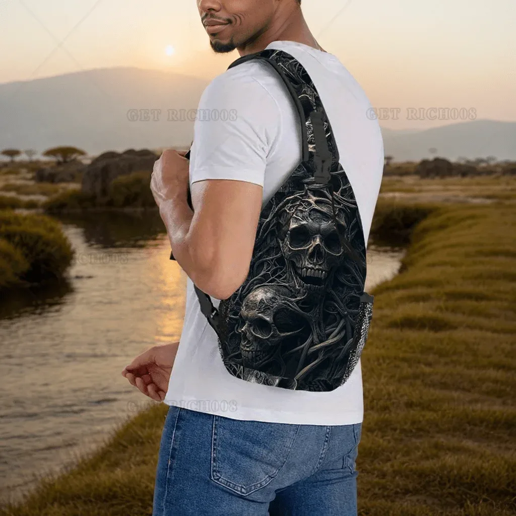 sac à bandoulière gothique punk imprimé crâne – sangle réglable, bandoulière légère pour les voyages et les sports de plein air, design sombre unique