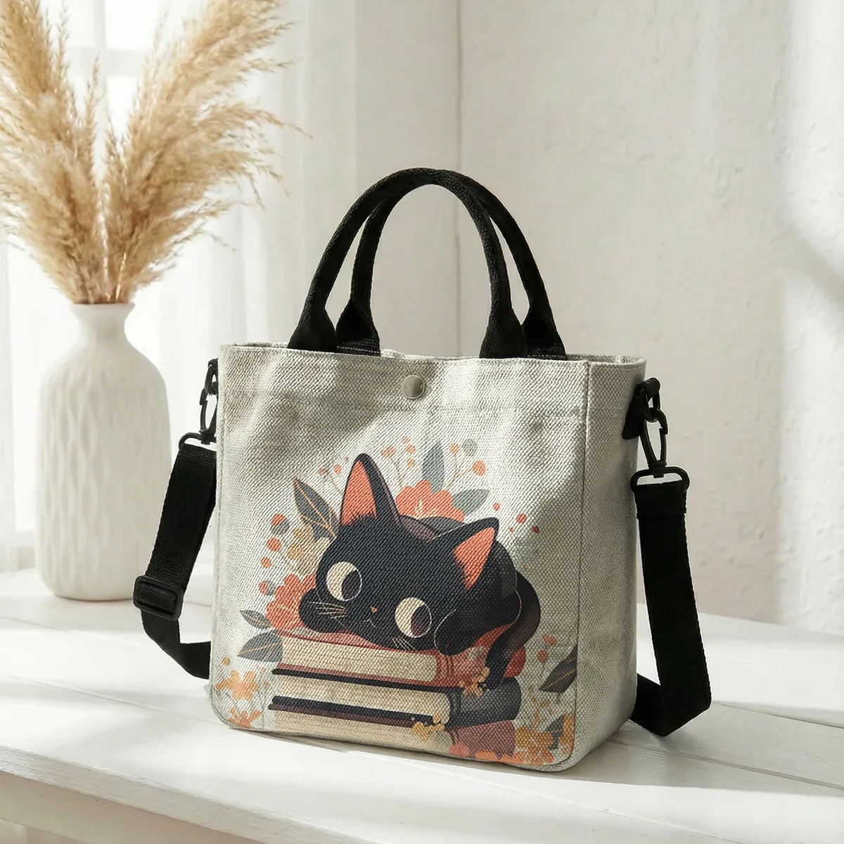 sac fourre-tout à imprimé floral avec chat noir mignon empilé sur des livres, sac à bandoulière détachable pour femme, idéal pour le shopping quotidien