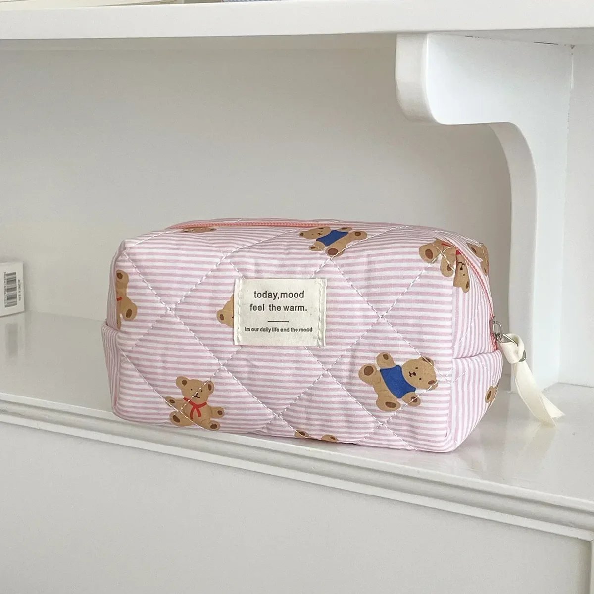 sac à cosmétiques matelassé ours rose pour femmes, joli organisateur de voyage de maquillage à fermeture éclair, sac à main féminin, pochette de toilette pour filles, 2024