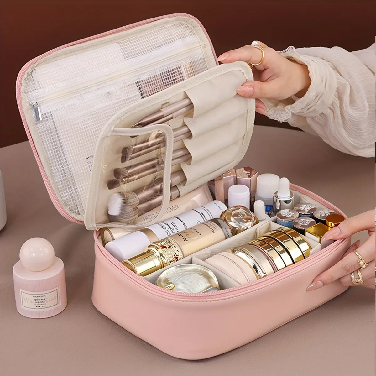 trousse de maquillage double couche en cuir pu, sacs à cosmétiques de grande capacité, organisateur de cosmétiques de luxe, essentiels de voyage pour femmes