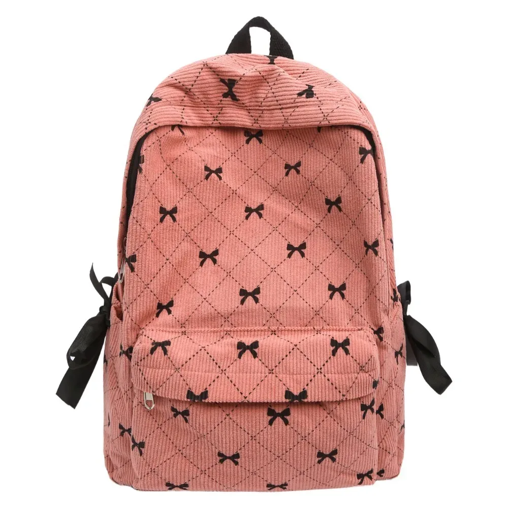 sac à dos en velours côtelé style coréen tendance, grande capacité, imprimé nœud, avec bretelles réglables, pour collégiens
