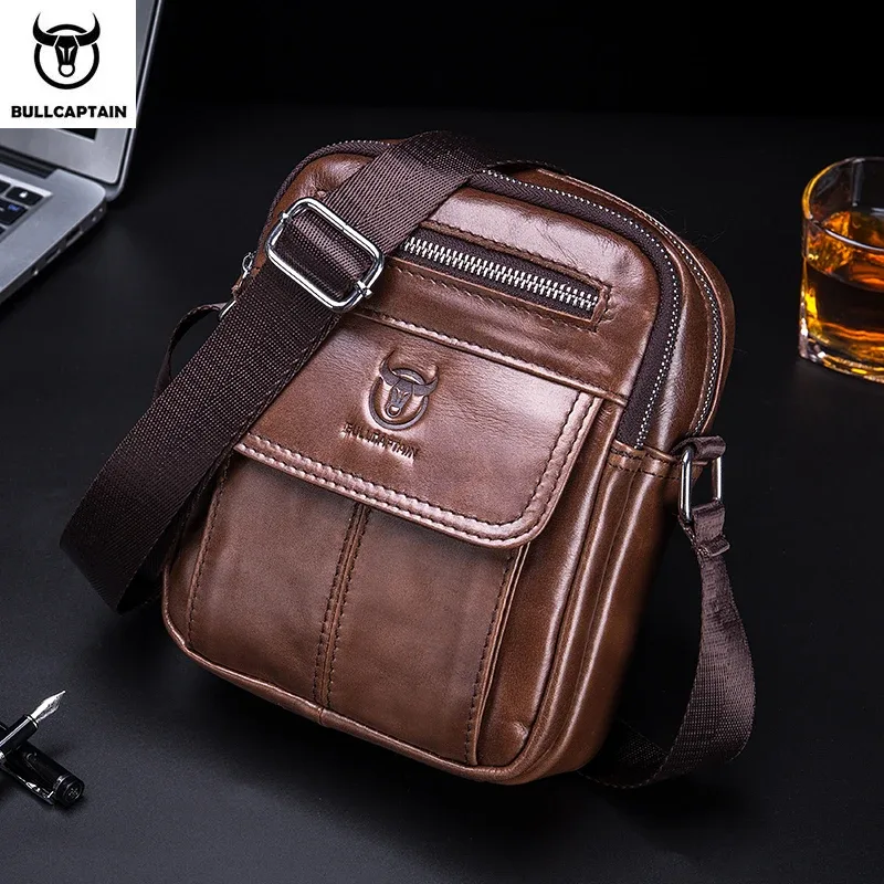 Sac à bandoulière décontracté pour homme Bullcaptain, sac messager d'affaires, sac en cuir de vache de haute qualité pour homme, mini poche de grande capacité