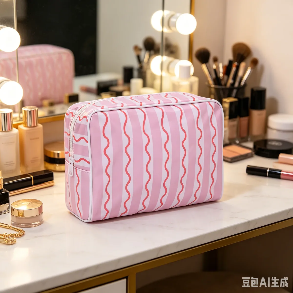 nouvelle trousse de maquillage rayée rose à fermeture éclair pour femme, grande pochette de toilette à motifs pour plage et voyage, sac de rangement transparent