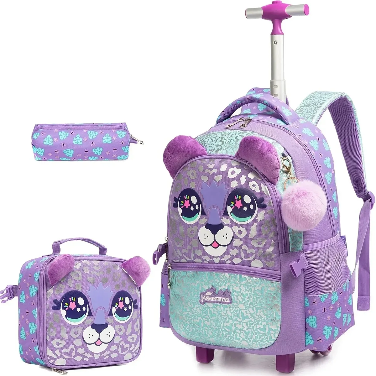 sac à dos à roulettes pour filles, sac à dos pour enfants à roulettes, ensemble de sacs à roulettes pour l'école avec boîte à lunch isotherme, sac de voyage pour enfants