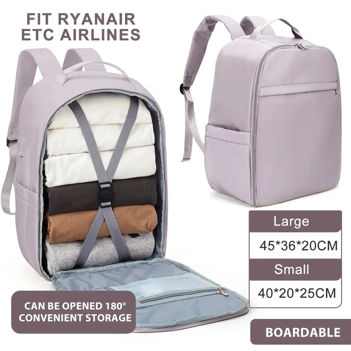 VEKROS-Sac à Dos de Bagage à Main pour Ryanair, Bagage de Cabine, Easyjet, observateur, Avion, Transport, Voyage, 40x20x25, 45x36x20