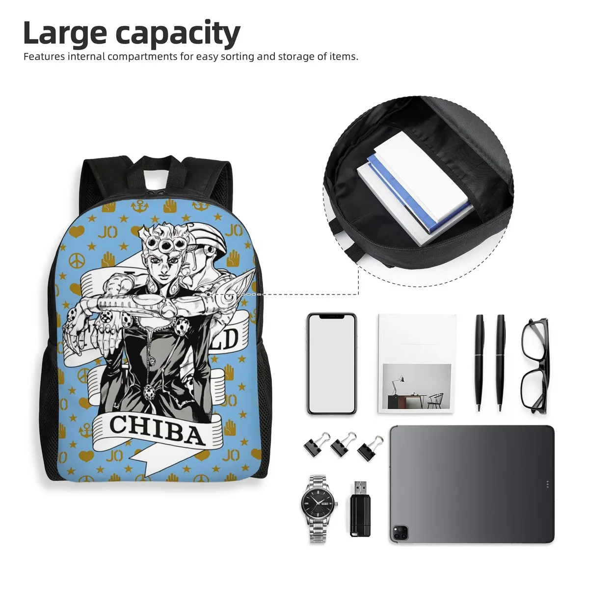 sac à dos jojo's bizarre adventure world, sac ita, sac à dos décontracté pour le camping avec fermeture éclair, motif anime jojo