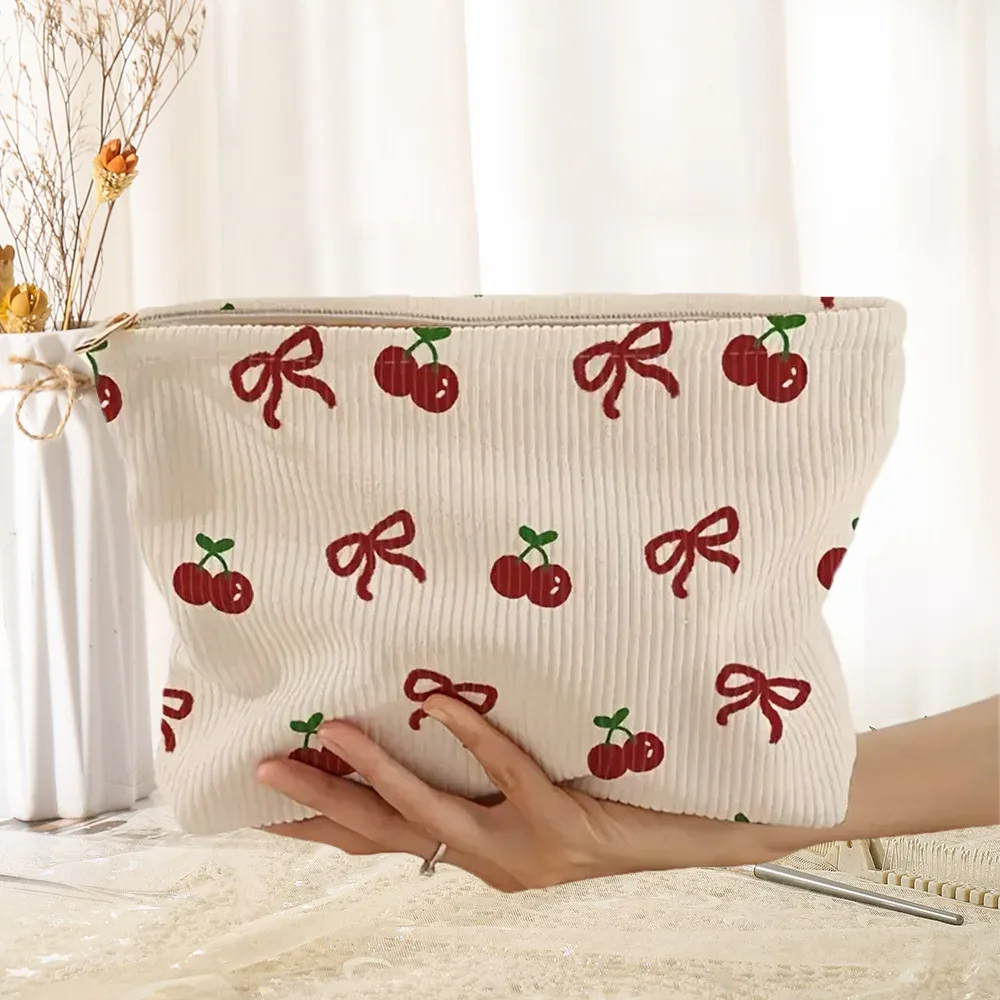 sac à cosmétiques en velours côtelé imprimé mignon, grande capacité, pochette de rangement de maquillage portable pour femmes et filles