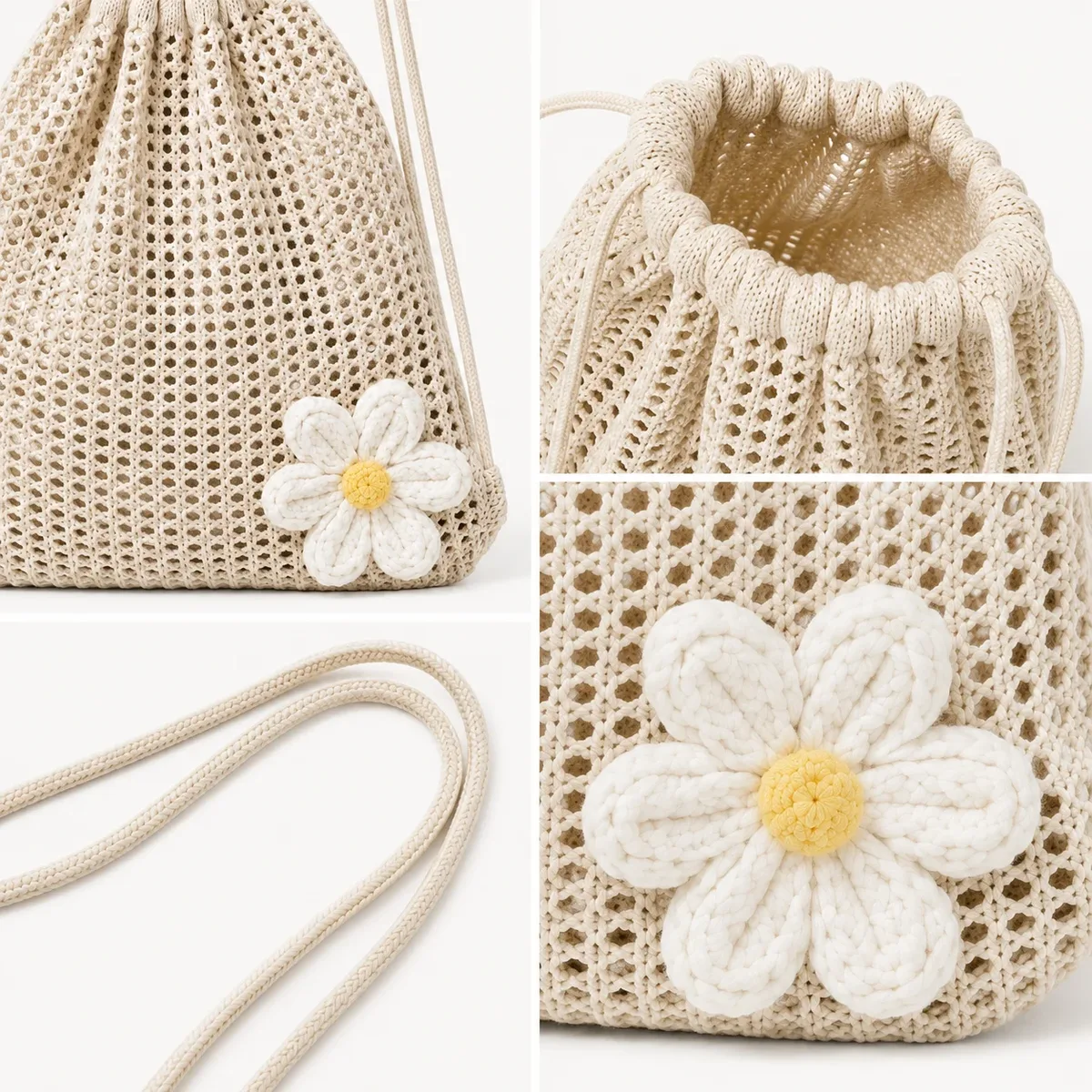 sac à dos en crochet pour femme avec cordon de serrage et motif marguerite, sac à bandoulière léger en tricot ajouré pour les voyages, la plage et l'usage quotidien