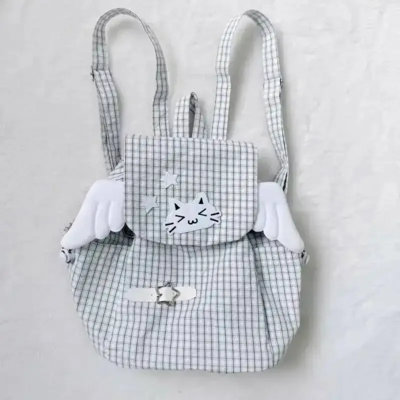 sac à dos chat brodé noir blanc style à carreaux léger mignon petites épaules polyvalent étudiant trajet campus sac à dos