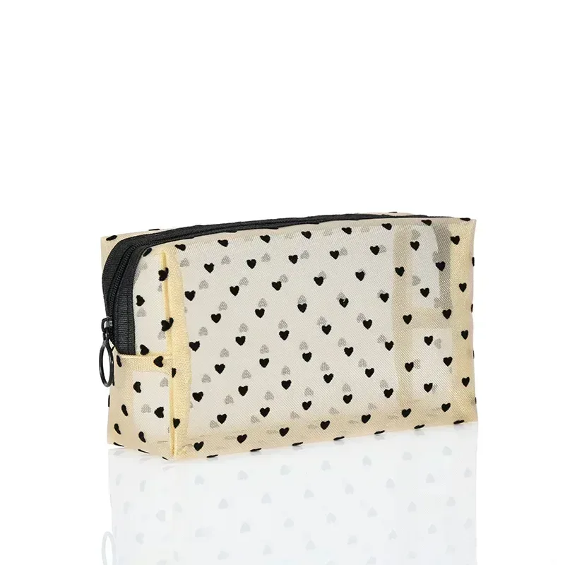 sac à cosmétiques en maille de nylon, organisateur de toilette en forme de cœur à fermeture éclair, sacs de maquillage multifonctionnels pour femmes, rouge à lèvres, clé, porte-monnaie