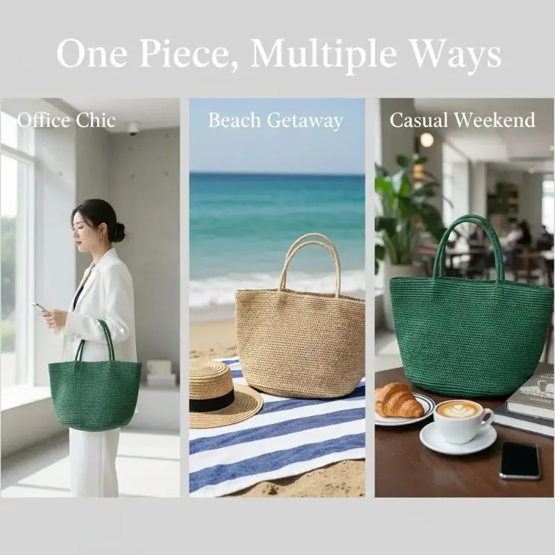 sac de plage en paille naturelle pour femmes, grand sac fourre-tout en rotin tissé à la main, léger, style bohème, pour les voyages en bord de mer, usage quotidien