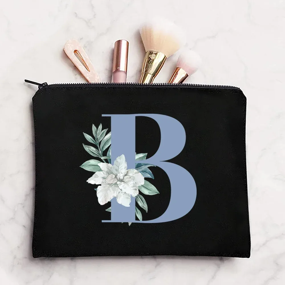 sac à cosmétiques en tissu pour femmes, pochette de maquillage, sac de voyage, rouge à lèvres, étuis de rangement, pochette à fermeture éclair, porte-monnaie de téléphone, initiales bleues imprimées