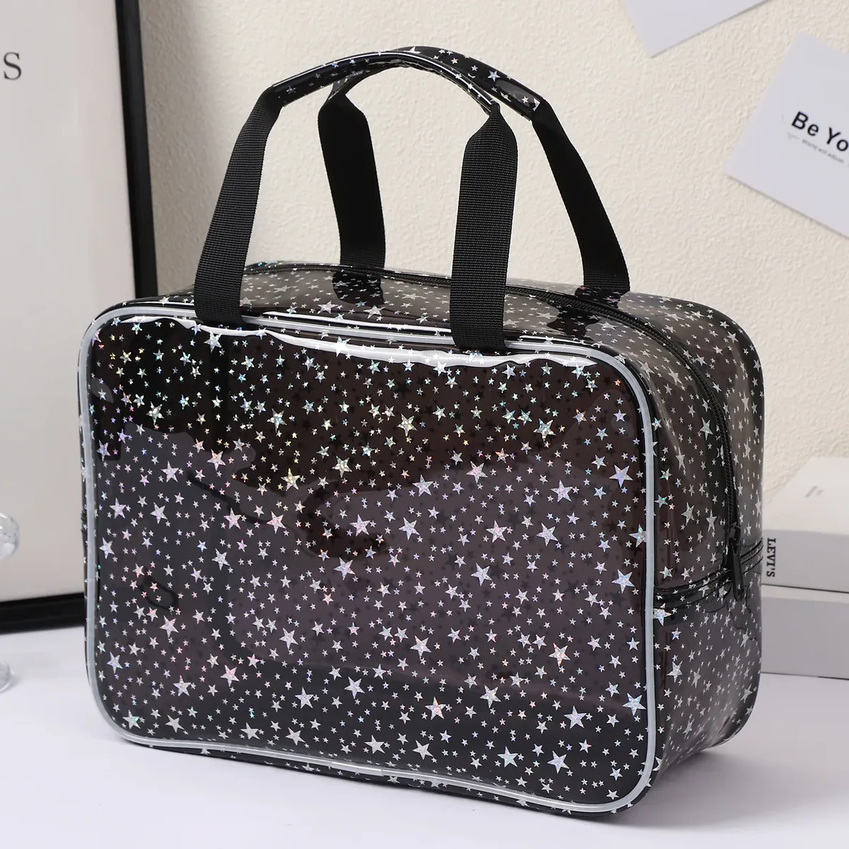 trousse de maquillage transparente grandes étoiles, avec sangle portable, trousse de toilette étanche en pvc, sac organisé pour cosmétiques, sac de voyage transparent