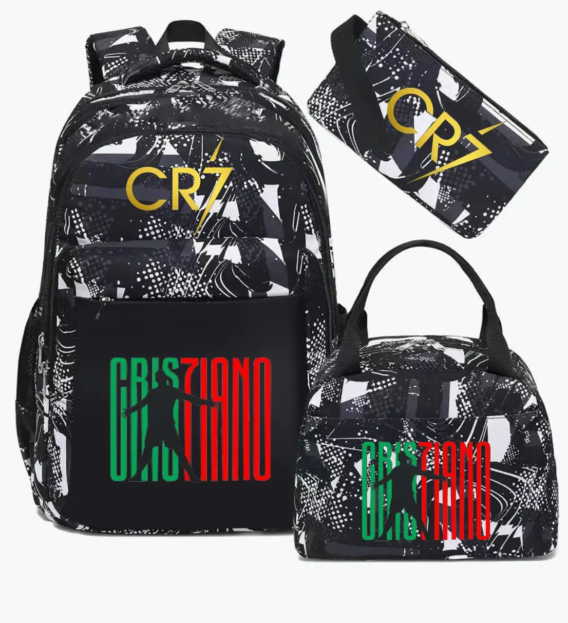 sac polyestere noir motif graphique sac dos pochette lunch cr7 cristiano voyage école adolescents femmes hommes