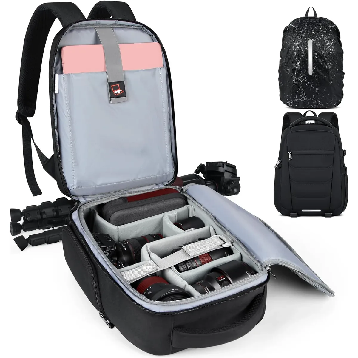 sac à dos étanche pour appareil photo, sac à dos pour ordinateur portable, antivol, étui pour appareil photo de voyage, sac à dos de photographie de grande capacité avec housse de pluie