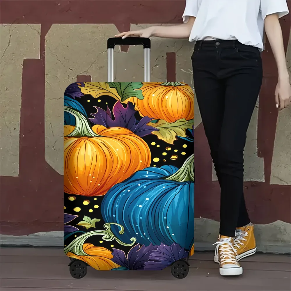 housse valise polyester motif citrouilles orange bleues fond noir feuilles vertes violet protection voyage