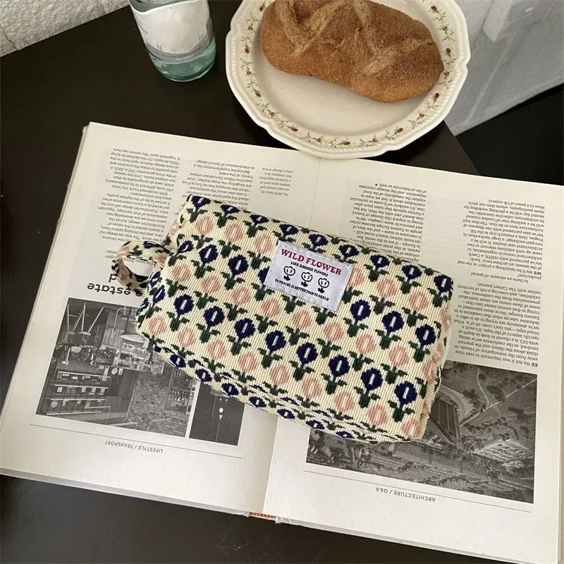 sacs de maquillage en velours côtelé pour femmes, sac à cosmétiques imprimé floral, trousse à crayons, trousse de toilette de voyage, sac de rangement, organisateur, trousse de beauté