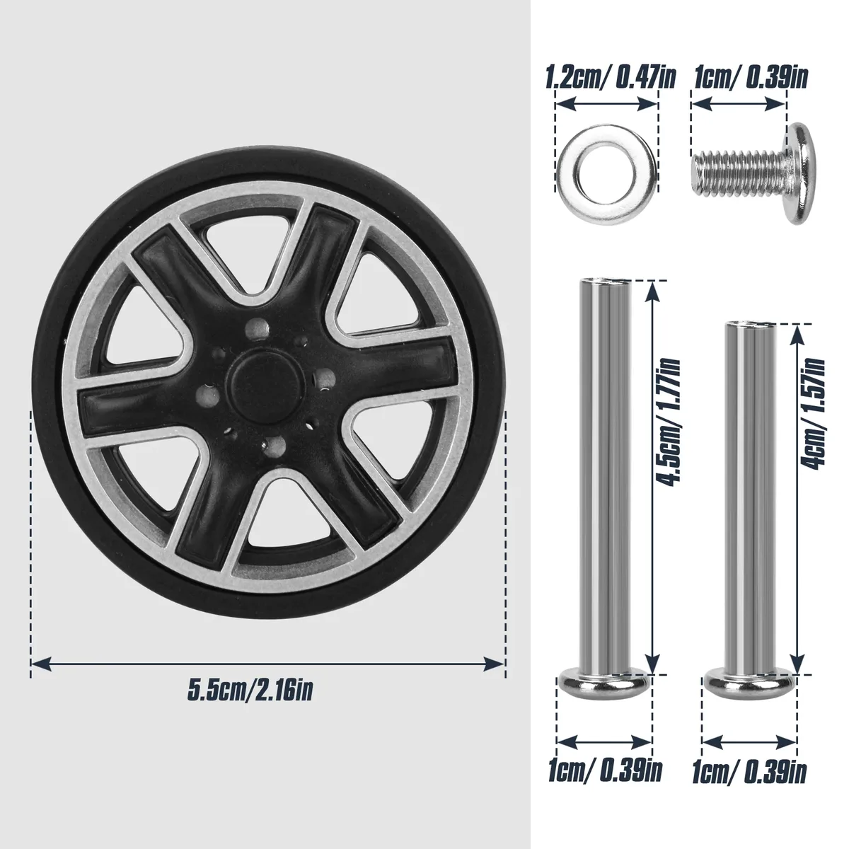 roues de rechange noires pour bagages, 8 pièces, avec vis, roues pour bagages de voyage, pièces de rechange pour valise, essieux de 55mm, réparation de roues à roulettes