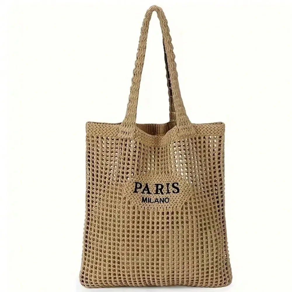 sac fourre-tout tricoté pour femme - sac à bandoulière ouvert avec inscription paris, sac de plage et de voyage respirant, tissu lavable, accessoire de shopping décontracté, design tissé durable, exclusif pour les passionnés de mode