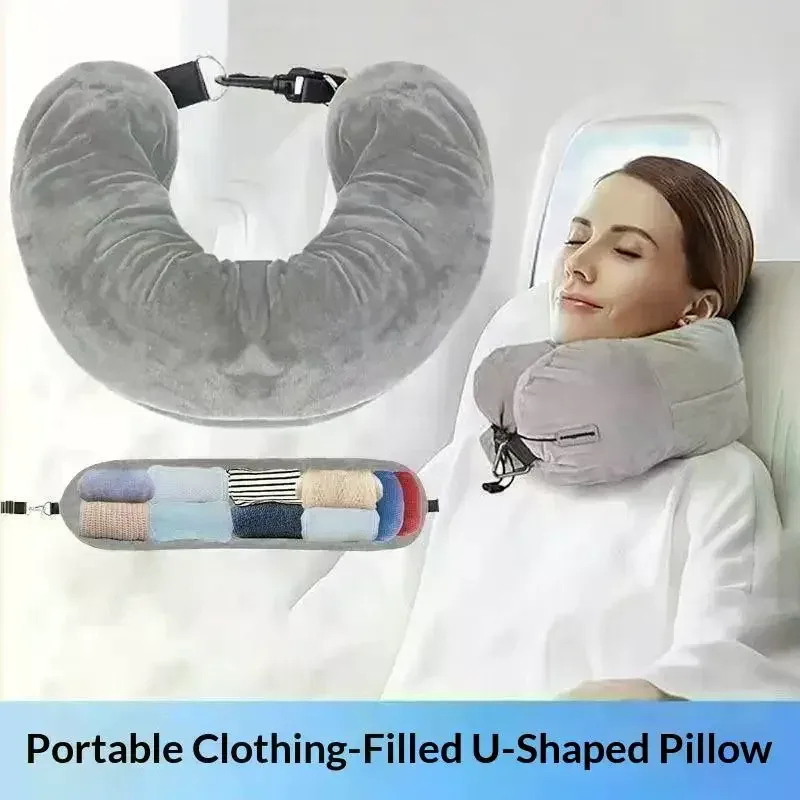 oreiller voyage cou velours doux noir glissière sac rangement bleu marine transport nuit avion confort sécurité