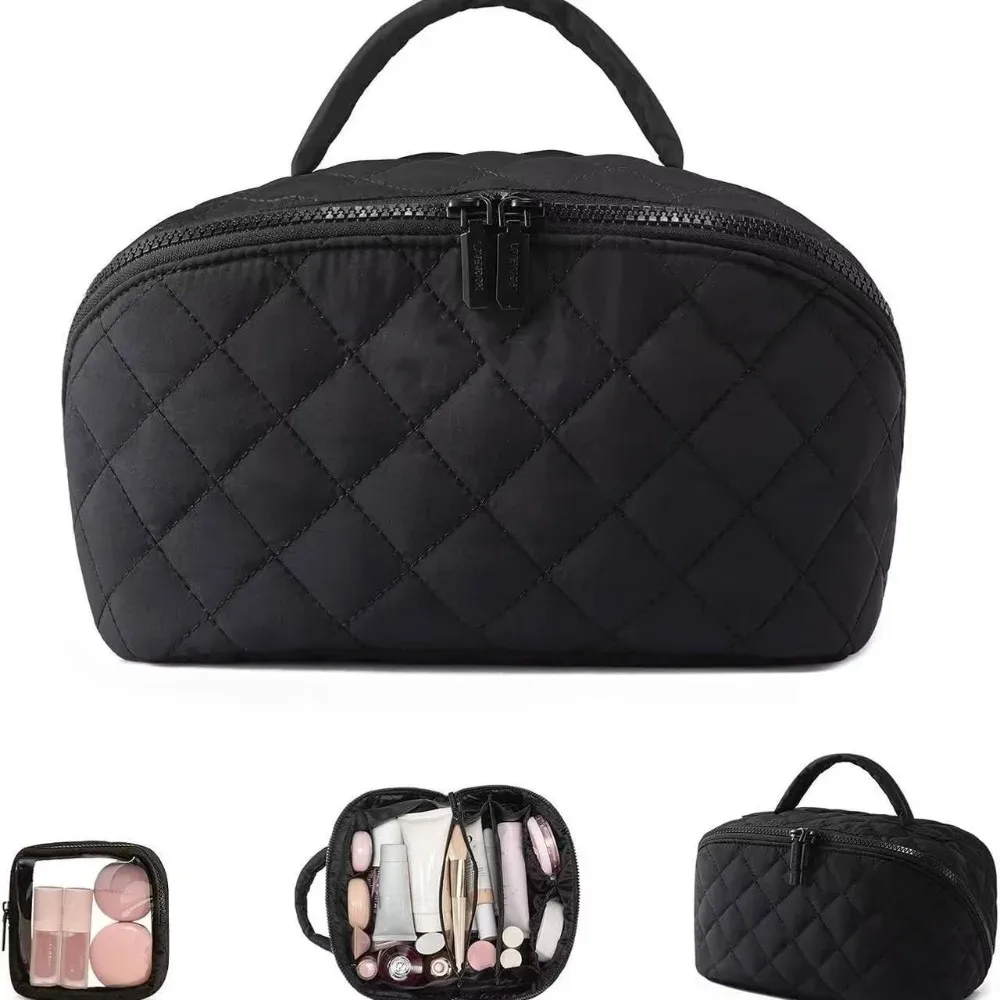 trousse de maquillage portable à large ouverture pour femme, étui à cosmétiques plat et résistant à l'eau, organisateur de voyage pour articles de toilette et pinceaux