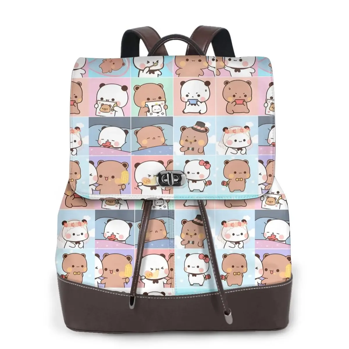 sac dos polyester personnages mignons bleu rose format rectangulaire poignées cuir brun usage voyage grande capacité