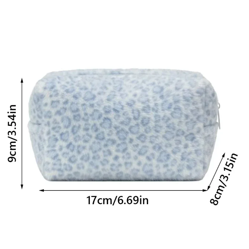 sac de maquillage pour femme en peluche moelleuse à imprimé léopard, sac de rangement tendance et exquis à motif cerf, petite trousse de toilette portable à fermeture éclair pour voyage