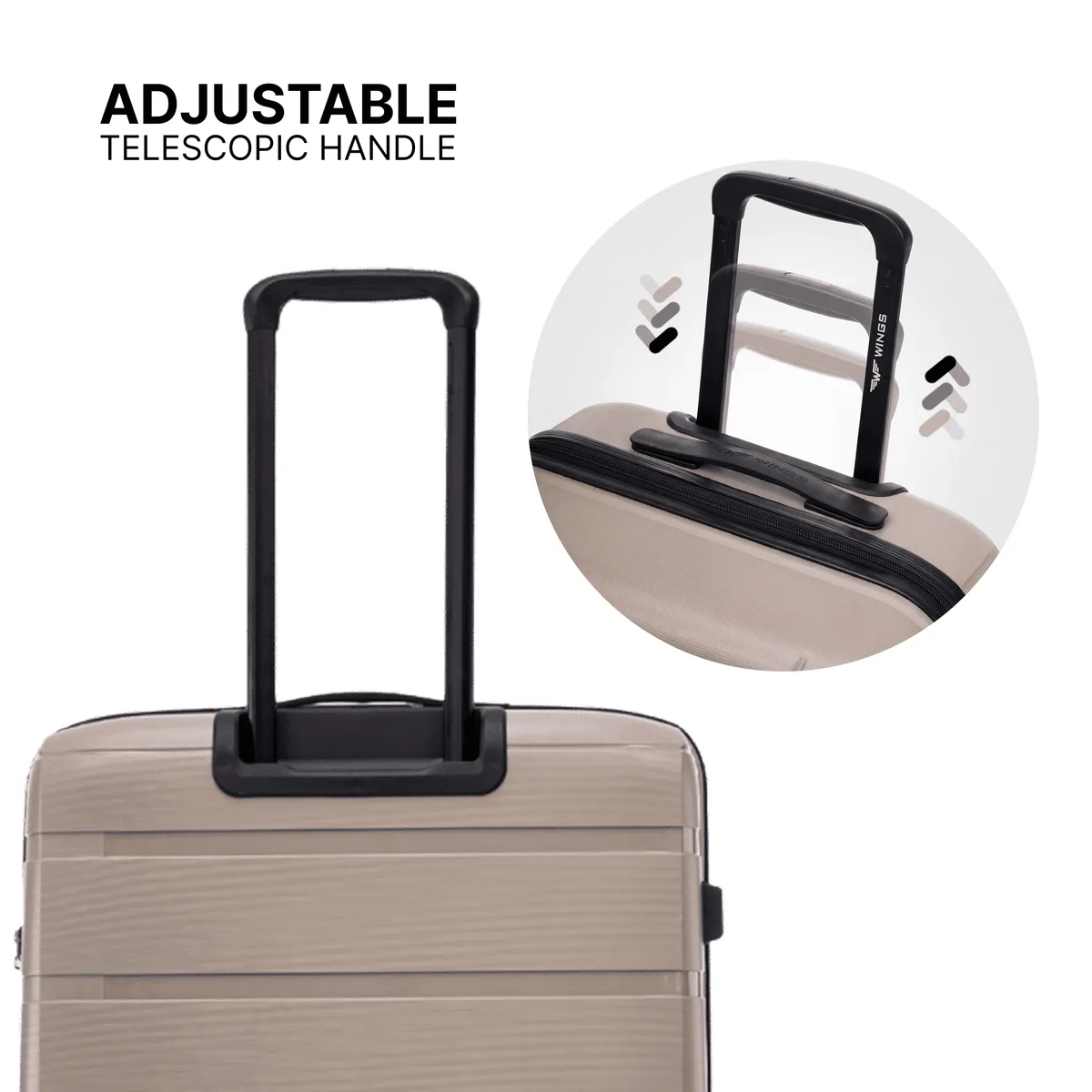 valises en polypropylène 20 ", 24 ", 28 " / 75 × 50 × 30 cm / 65 × 44 × 25 cm / 55 × 39 × 20 cm, couleur hawfinch champagne, résistantes aux dommages, télescopiques, 4 roulettes 360° °   double roulettes, serrure à combinaison, poignées latérales et supérieures