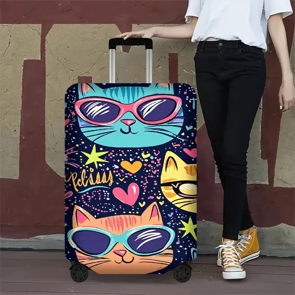 housse valise polyester joyeuse chats lunettes coeurs étoiles fleurs fond noir protection voyage taille variable