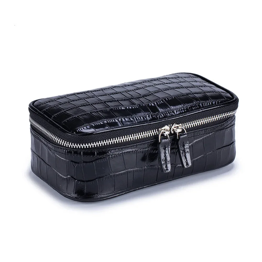 sac cosmétique en cuir véritable à motif crocodile violet pour femmes, sac de toilette de voyage portable, sac de rangement en cuir de vachette de haute qualité