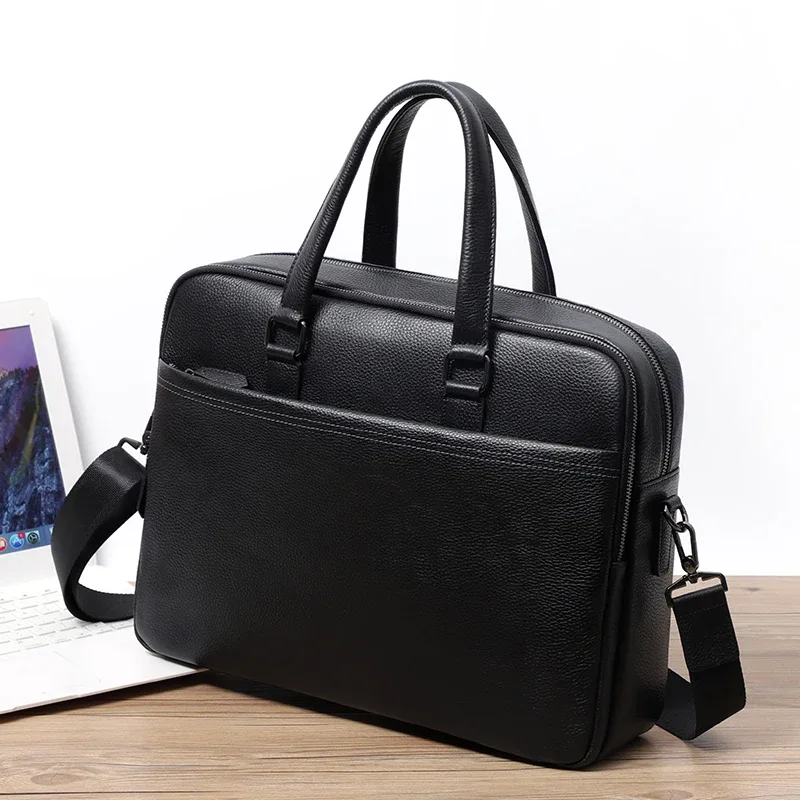 porte documents cuir vache noir fermeture éclair pochette ordinateur bande douliere affaires voyage bureau