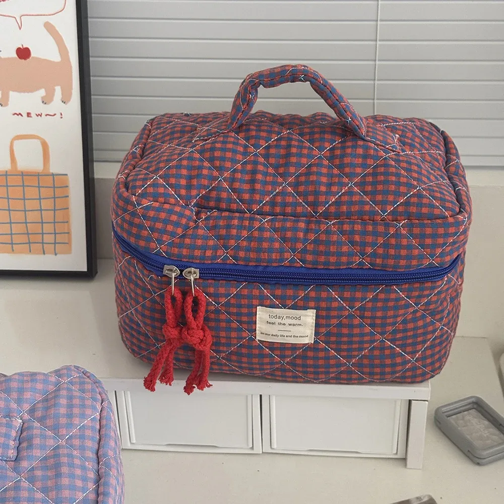 trousse polyester décontractée plaid violet rose orange bleu beige noir géométrique voyage cosmétique toile douce