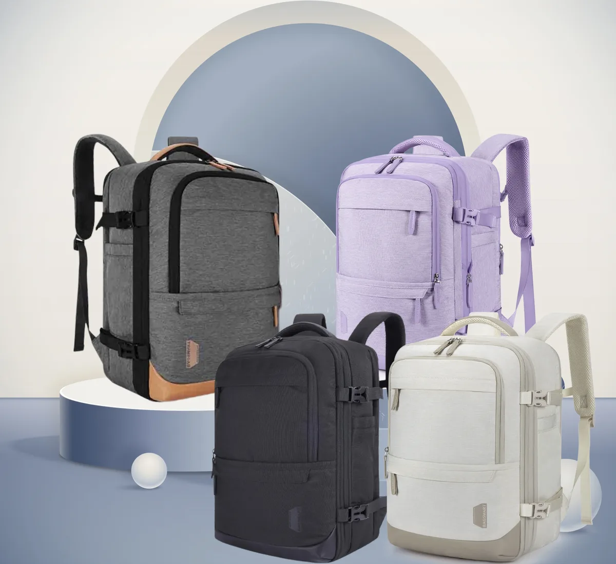 sac dos polyester violet gris marron rectangulaire transport bandes latérales compartiments zippés poche latérale ergonomique expandible voyage weekender