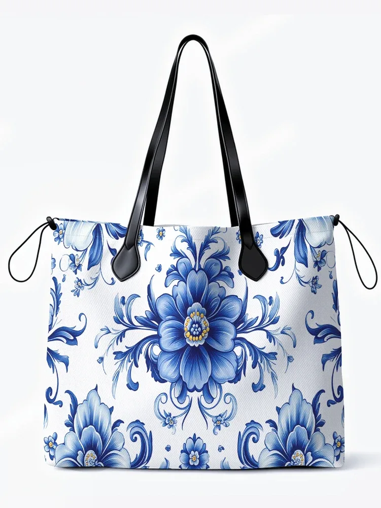 sac fourre-tout en toile à imprimé floral en porcelaine bleue et blanche, sac à bandoulière de grande capacité pour le shopping, les voyages et l'usage quotidien