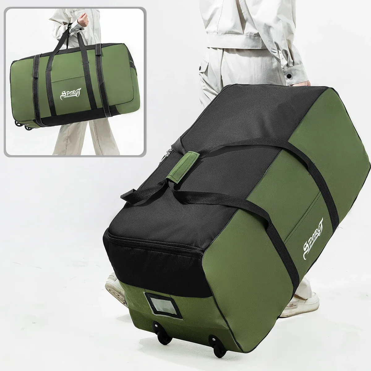 Sac Voyage Polyester Vert Olive Noir Bandes Horizontales Poignées Roulettes Grande Taille Transport Week End Sport Camping