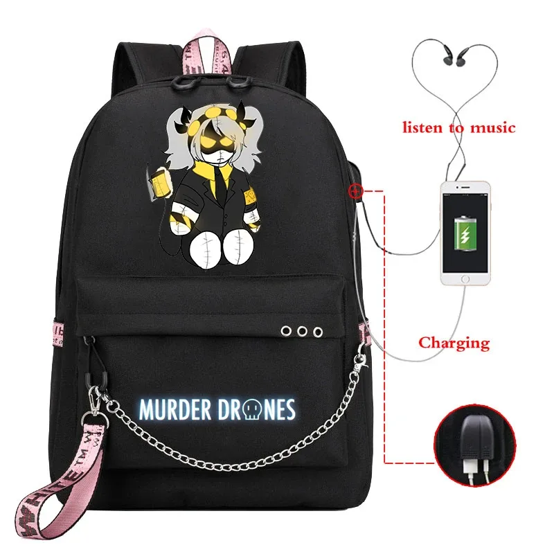 sac dos toile dessin animé personnages colorés logo murder drones chaîne métallique câble usb voyage capacité 20 35 litres