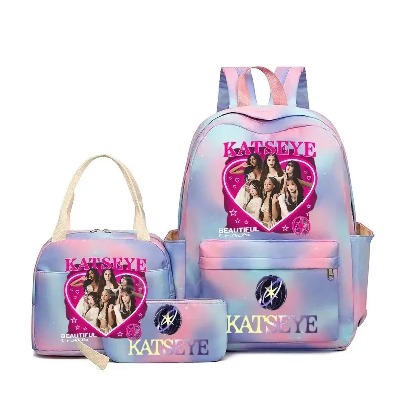 nouveaux sacs à dos katseye à imprimé amusant, 3 pièces/ensemble, sac d'école pour étudiants, sac de voyage pour adolescentes et garçons, sacs à lunch, sac à dos
