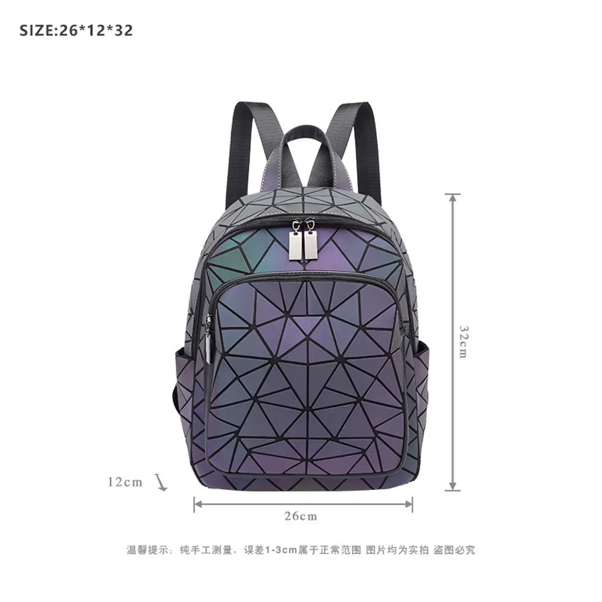sac dos nylon gris violet motif diamant refléchissant bande souple décontracté grande capacité usage voyage