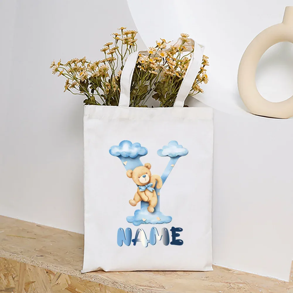sacs fourre-tout en toile college nuage ours et alphabet personnalisés, sacs à main personnalisés de grande capacité, cadeaux de portabilité pour la rentrée scolaire