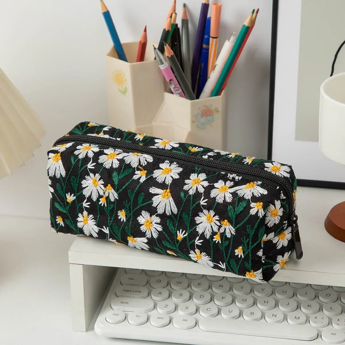 sac à cosmétiques brodé de fleurs, organisateur de maquillage en toile à fermeture éclair, pochette de rangement de voyage, trousse de beauté pour femmes