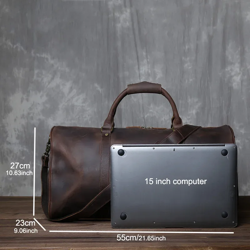 sac de voyage vintage en cuir véritable pour hommes, grande capacité, bandoulière horizontale en cuir de cheval fou, valise portable