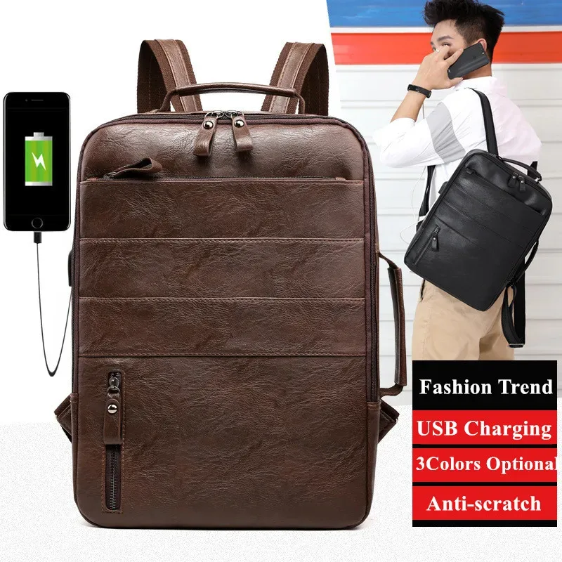 sacs à dos d'affaires pour hommes étanche en cuir pu pochette d'ordinateur grande capacité usb charge sac à dos mâle mode voyage sac à dos sac