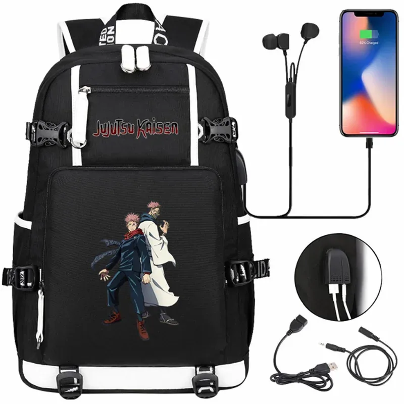 jujutsu kaimmer-sacs à dos college pour hommes et femmes, cartable anime pour adolescents, port de charge usb décontracté, sacs d'extérieur pour ordinateur portable, noir, mochila