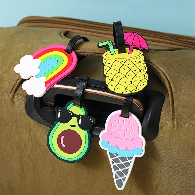 étiquette bagage pvc imprimé animaux couleurs variées motifs mignons lunettes avocat arc ciel crème glacée bus avion globe terrestre voyage identification