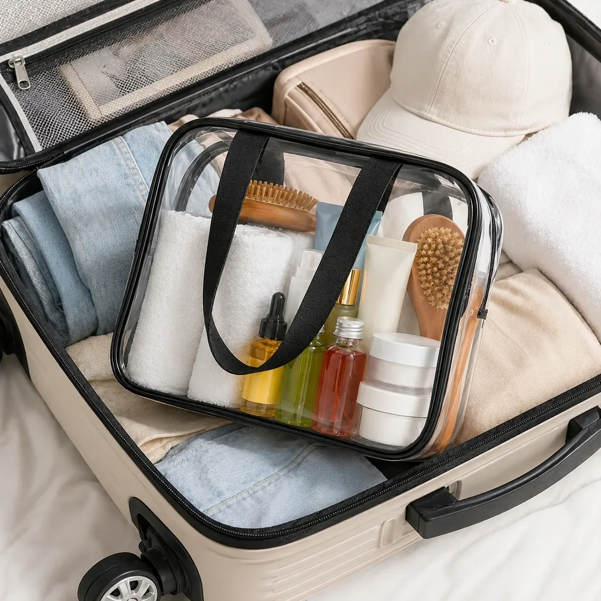 grande trousse de toilette transparente en pvc imperméable, organiseur de voyage avec poignées pour femmes, rangement pour salle de bain et plage